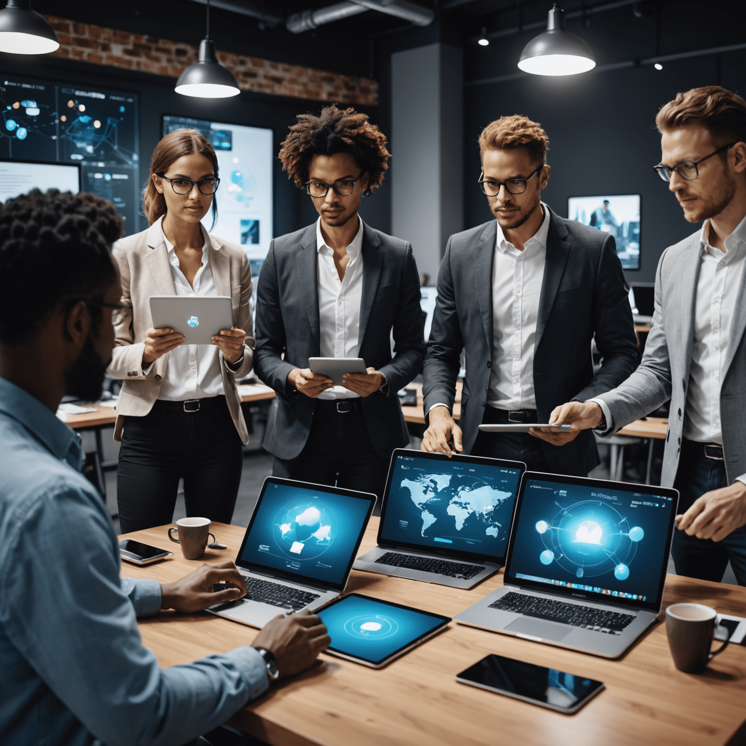 Team of diverse IT professionals collaborating on a digital transformation project, using tablets and laptops with holographic displays showing data analytics and cloud computing concepts