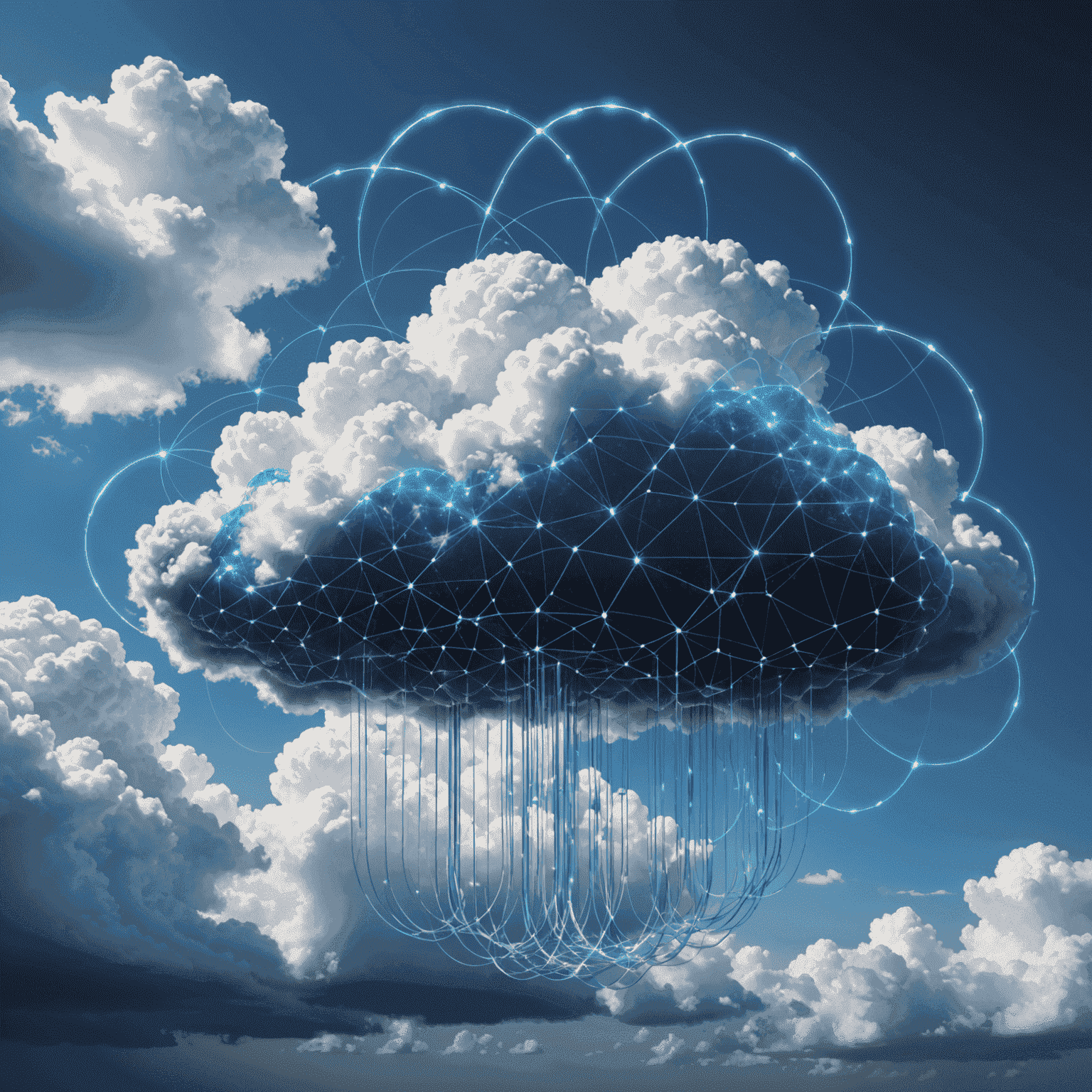 A futuristic visualization of cloud computing, showing interconnected nodes and data streams flowing through a stylized cloud shape. The image uses electric blue and white colors to represent the digital nature of cloud technologies.