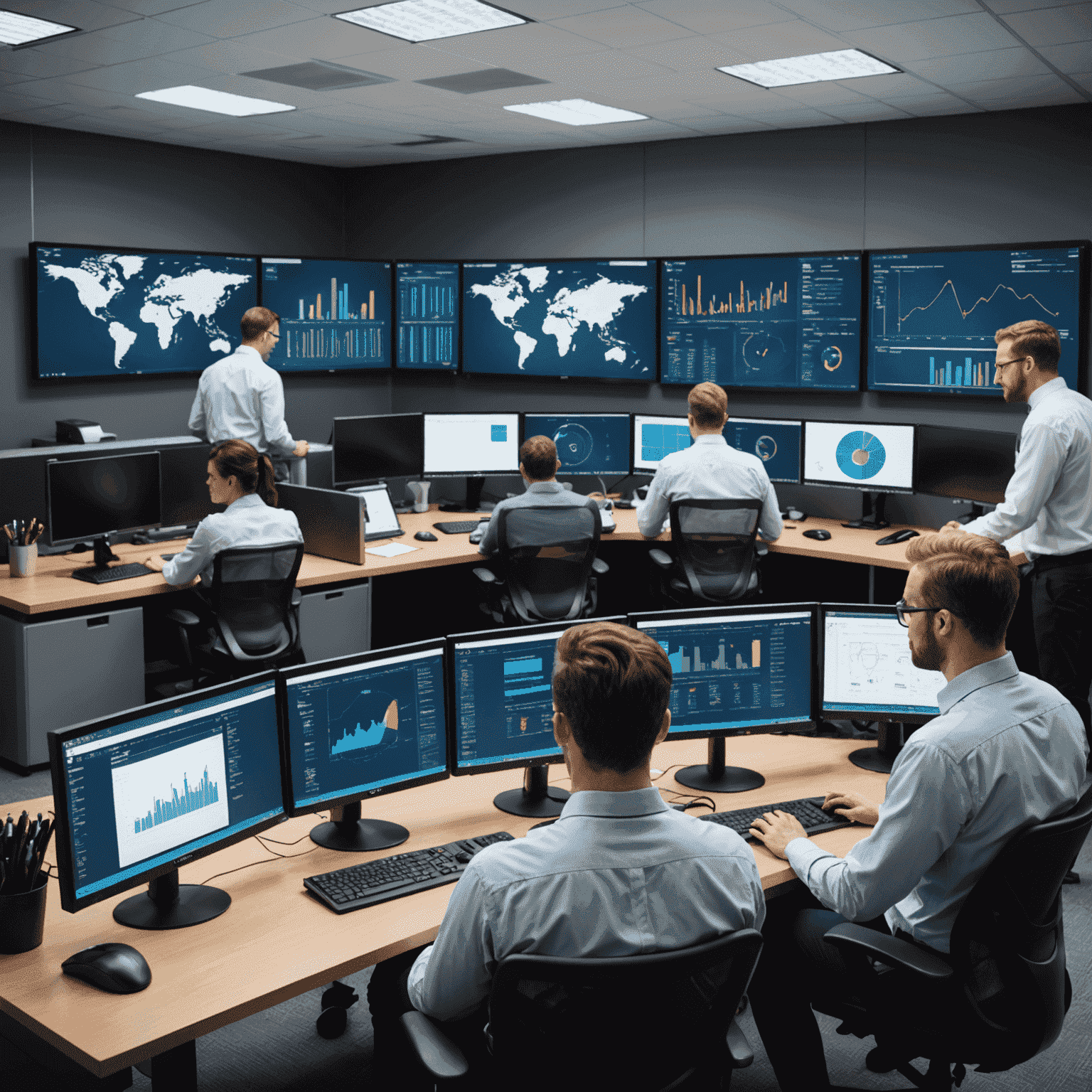 A team of IT professionals managing multiple computer screens, showcasing various system metrics and network diagrams
