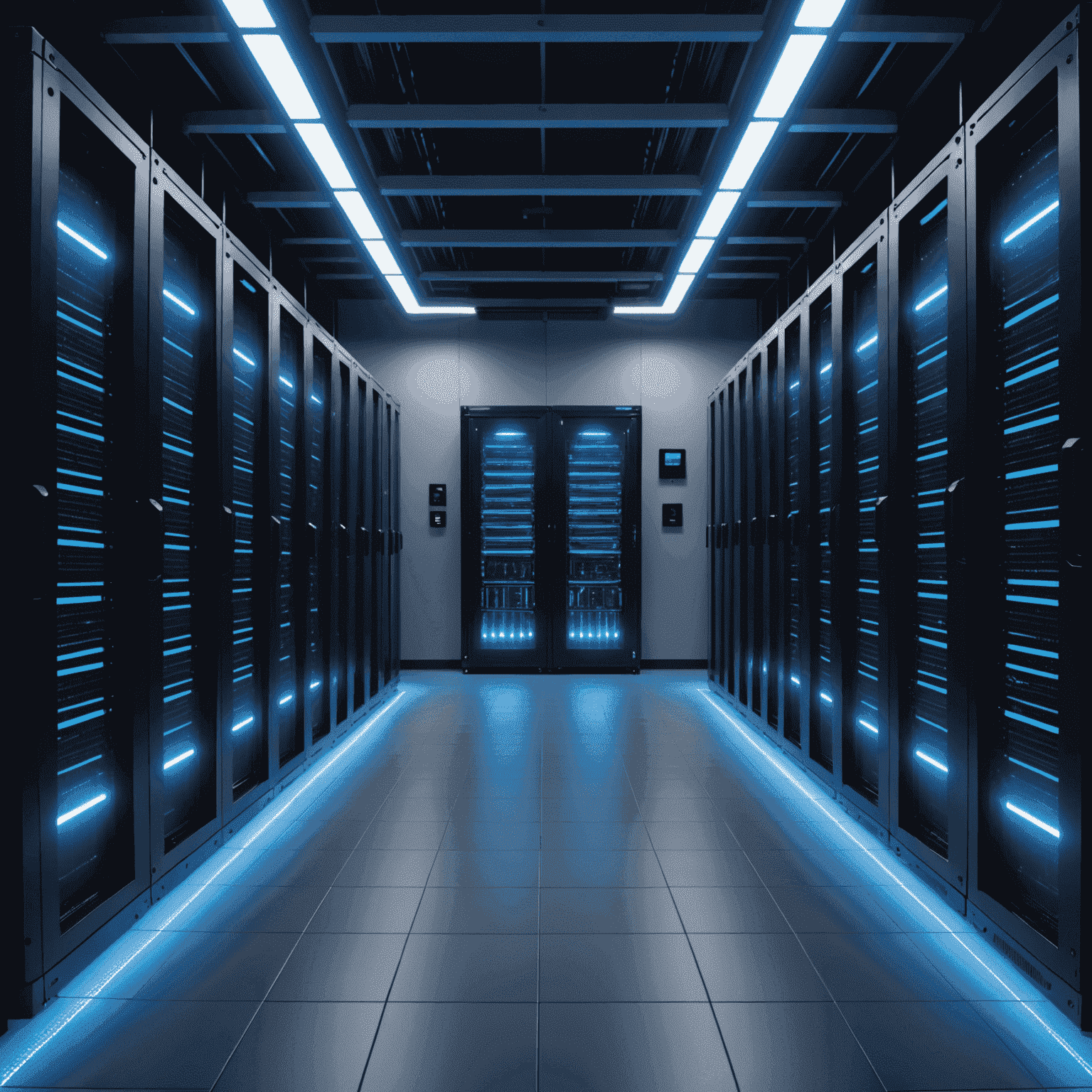 A modern data center with rows of servers, representing cloud infrastructure. The image showcases a clean, high-tech environment with blue LED lights, symbolizing Alliant IT's advanced cloud solutions.