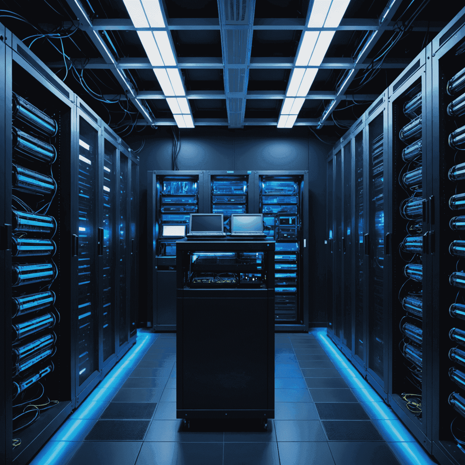 A modern server room with neatly organized racks of networking equipment, glowing with blue LED lights. Cables are tidily managed, and technicians are working on maintenance.