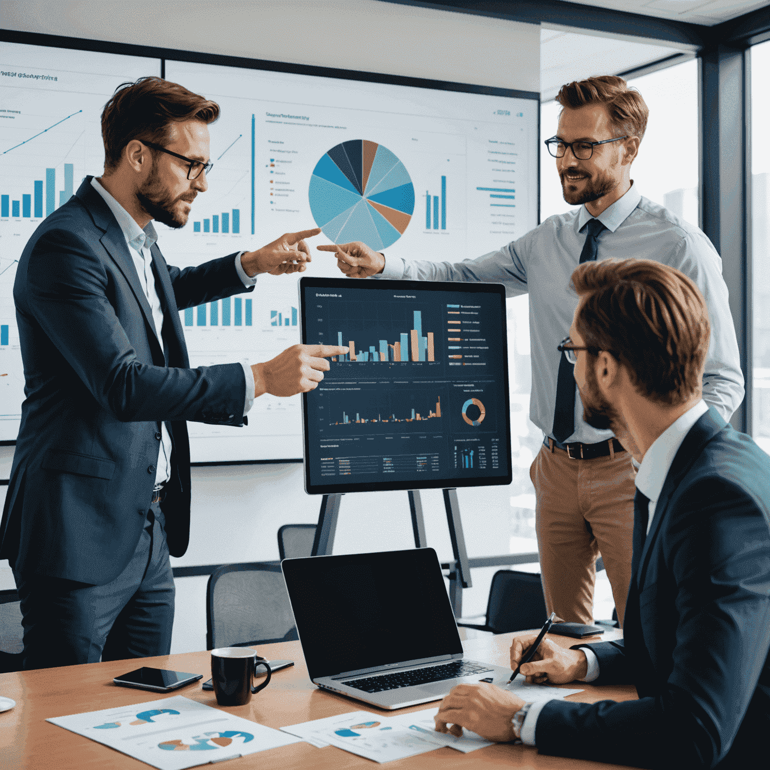 IT consultants discussing strategy with clients, pointing at a digital screen showing data analytics and business projections