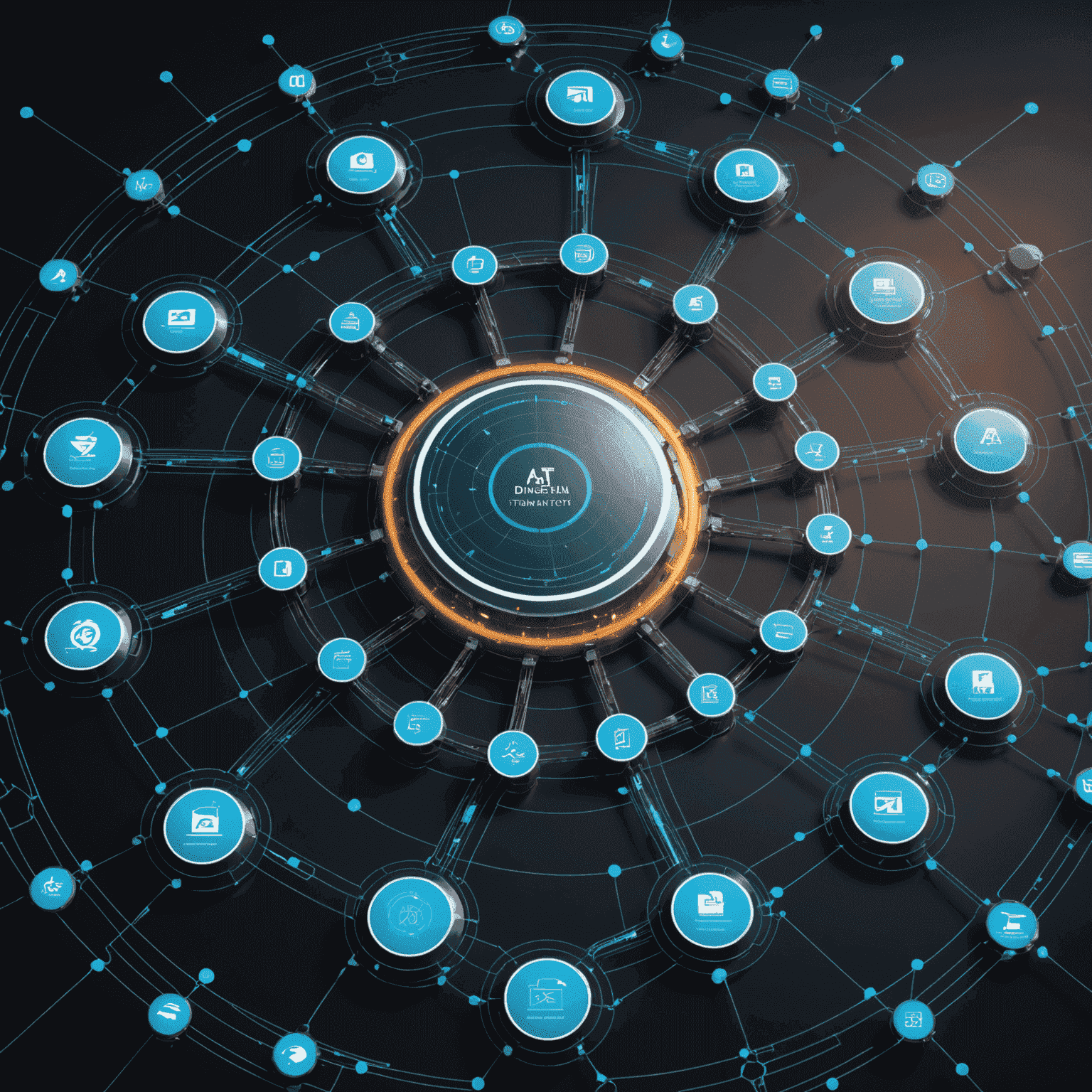 Futuristic visualization of Alliant IT's digital transformation process, showing interconnected nodes representing various IT services and a central hub symbolizing seamless integration