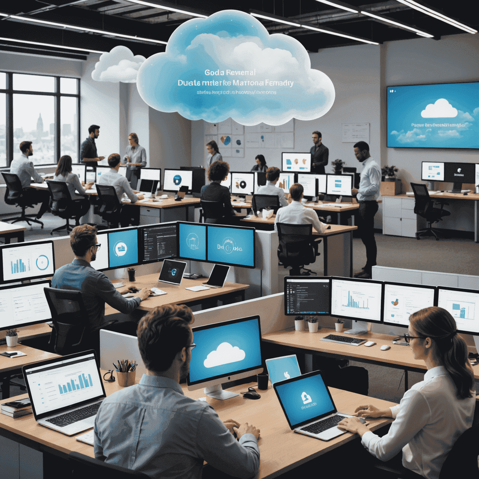 A split-screen image showing a traditional office setup on one side and a modern, cloud-enabled workspace on the other. The cloud-enabled side features people collaborating remotely, using tablets and laptops, with holographic displays of data and cloud icons floating above their devices.