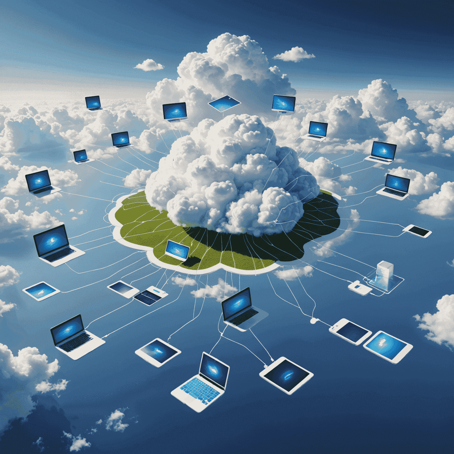 A visual representation of cloud computing with interconnected servers and devices floating in a digital sky