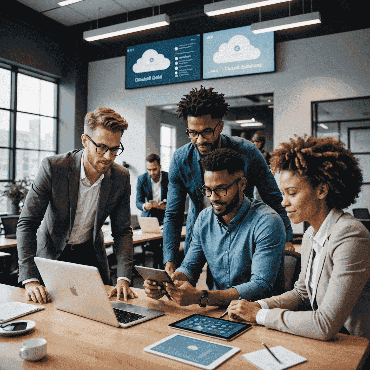 A team of diverse IT professionals collaborating in a modern office space, using tablets and large touchscreen displays to manage cloud infrastructure. The image conveys teamwork, expertise, and the cutting-edge nature of Alliant IT's cloud solutions.