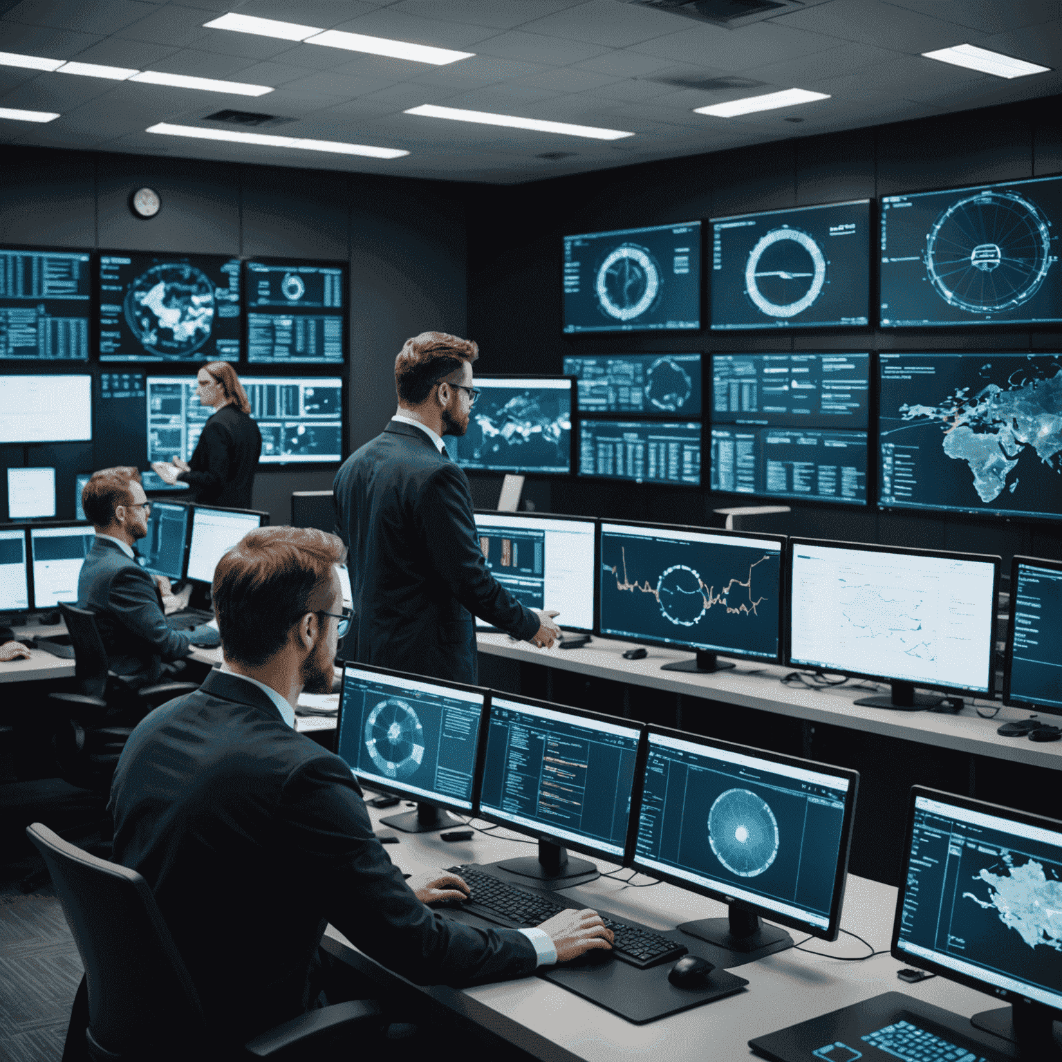 Cybersecurity experts from Alliant IT working in a high-tech security operations center, monitoring multiple screens displaying network activity and threat analytics