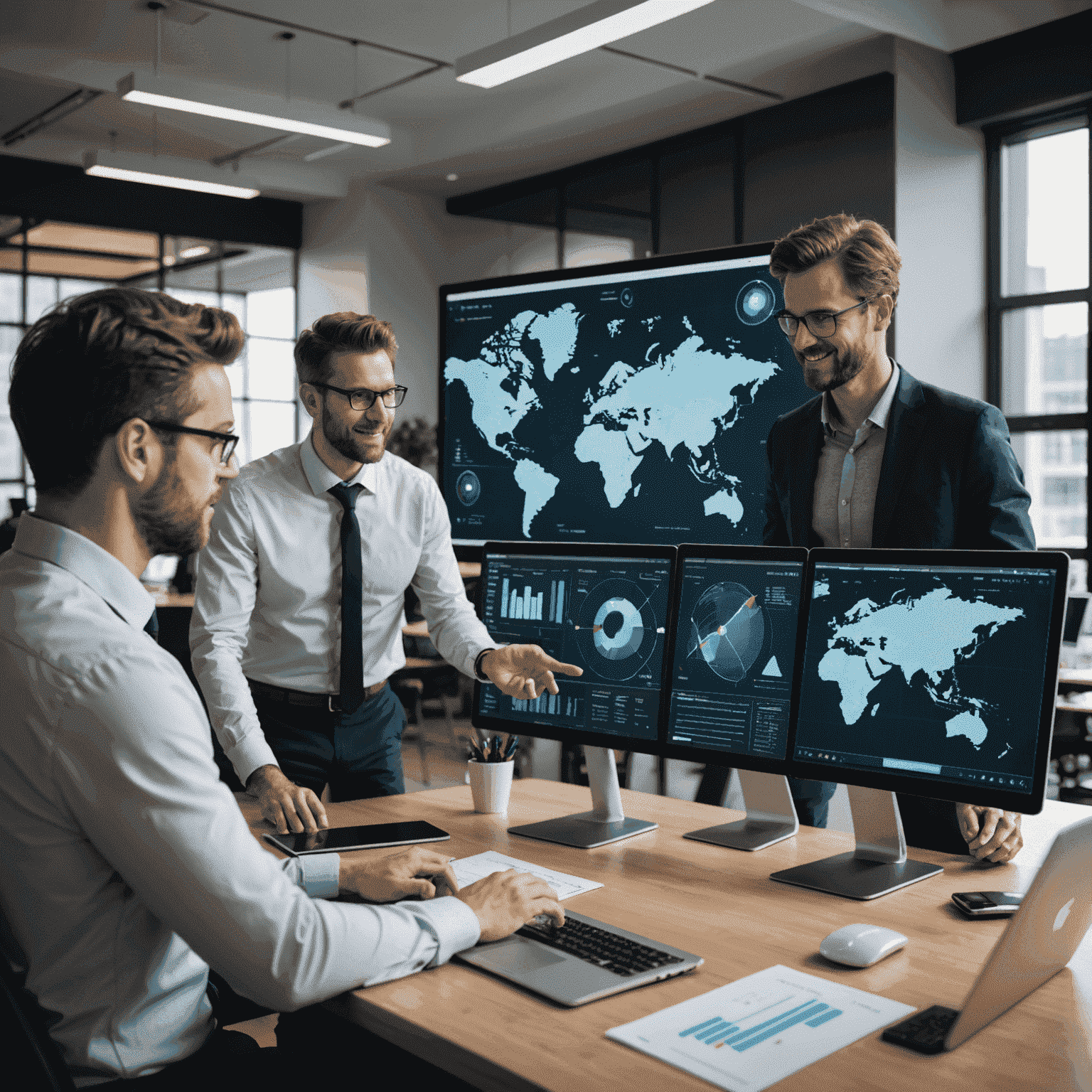 A diverse team of IT professionals collaborating in a modern office space. They are gathered around a large touchscreen display showing network diagrams and performance metrics.