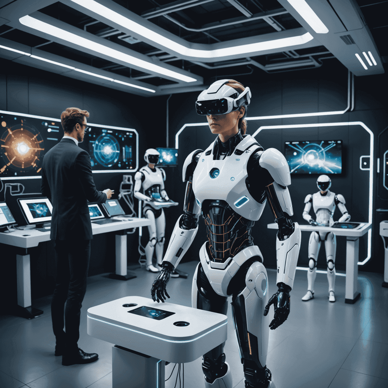 Various cutting-edge technologies including AI, VR, and robotics showcased in a futuristic lab setting