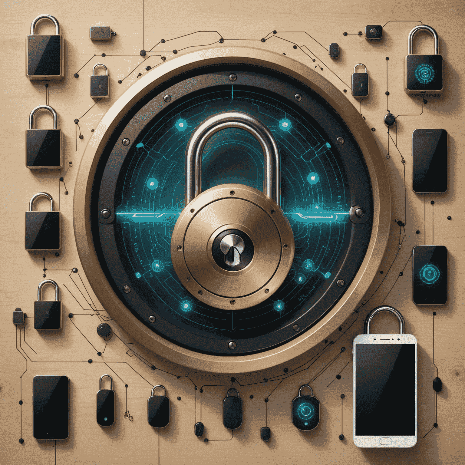 A digital lock protecting a network of connected devices, symbolizing robust cybersecurity measures