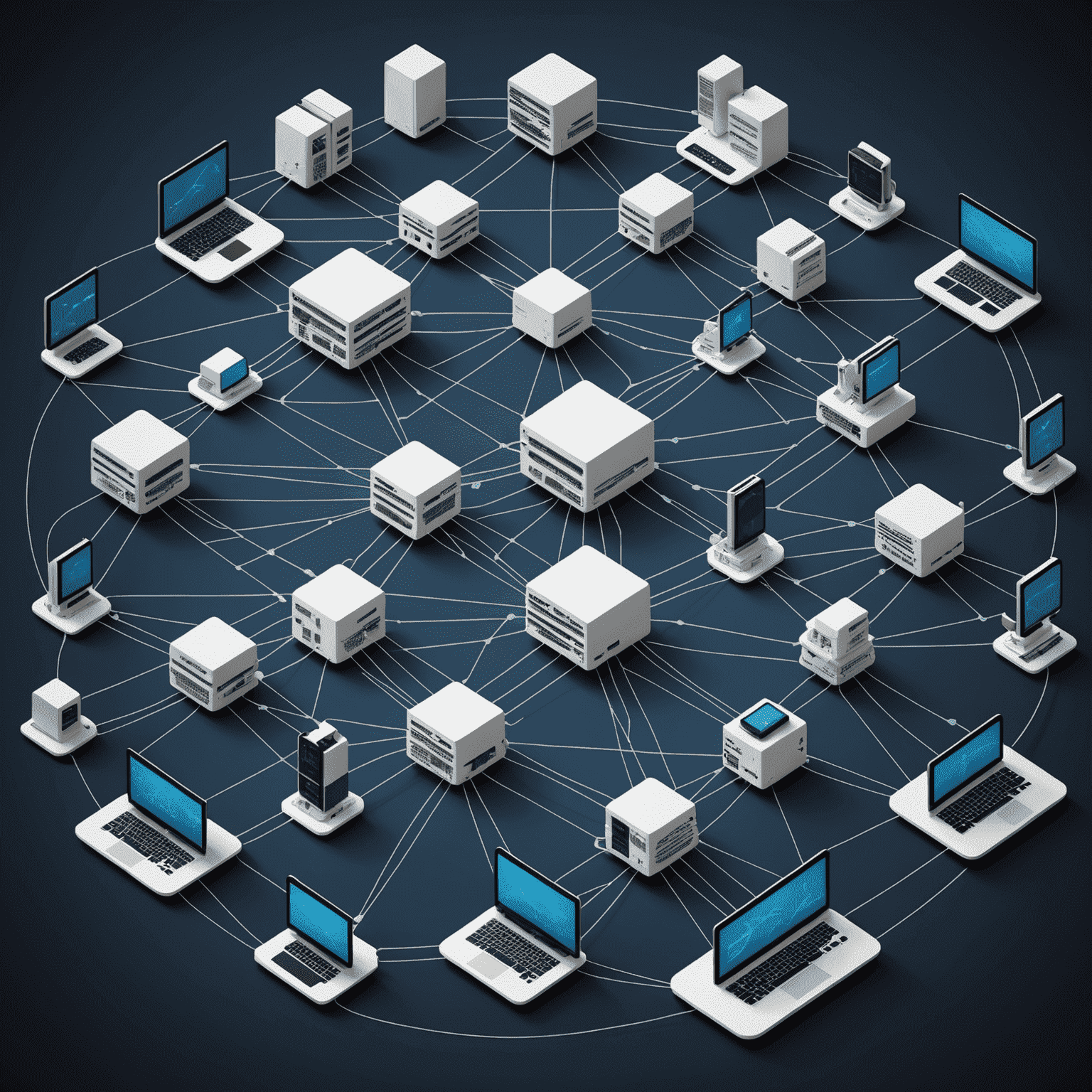 A complex network diagram showing interconnected servers, routers, and devices with data flowing between them