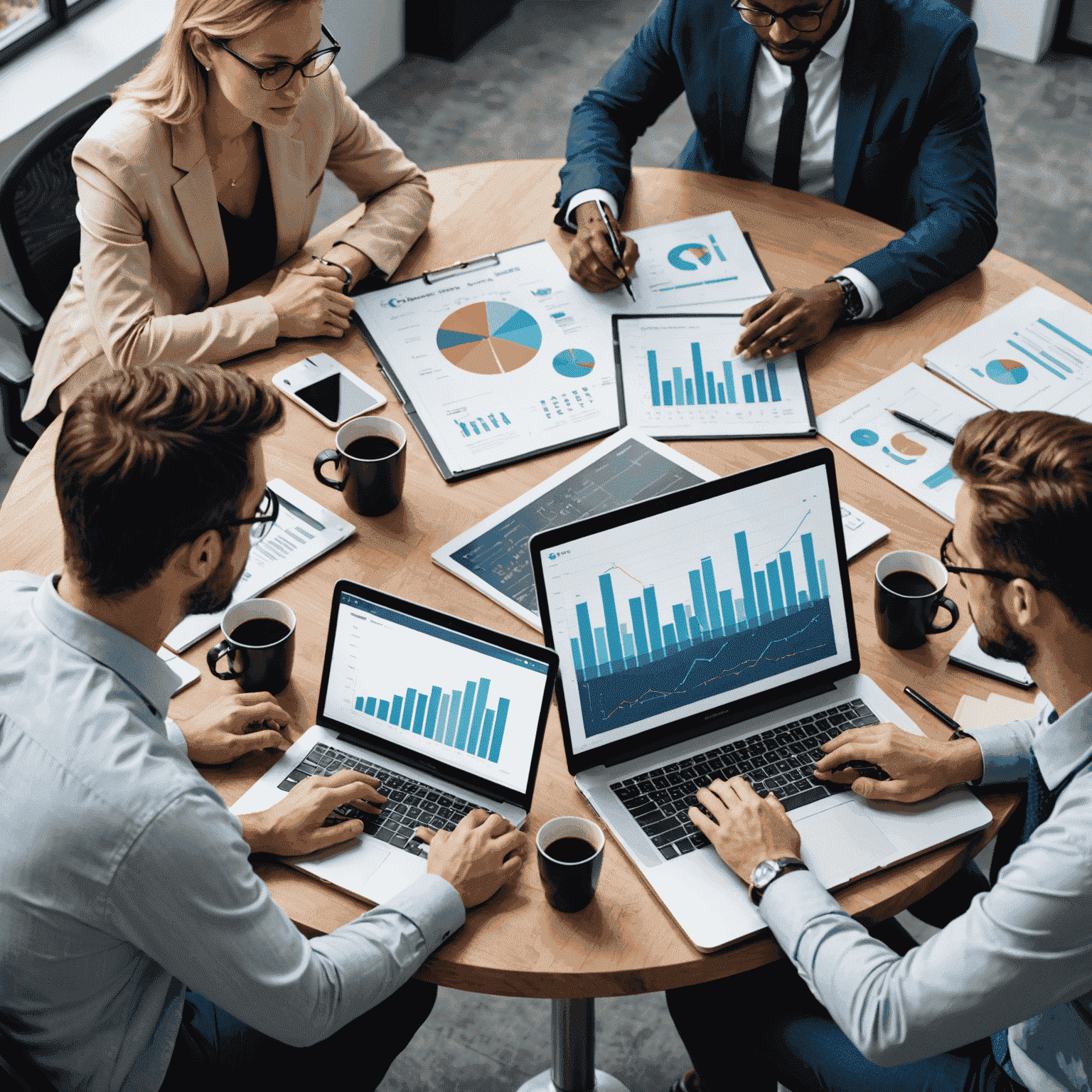 A group of IT consultants discussing strategy around a table with charts, graphs, and digital devices